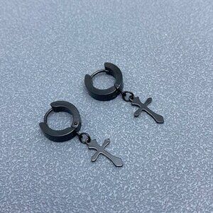 Stainless Steel Black Cross Drop Dangle Hoop Earrings Men Women NWT